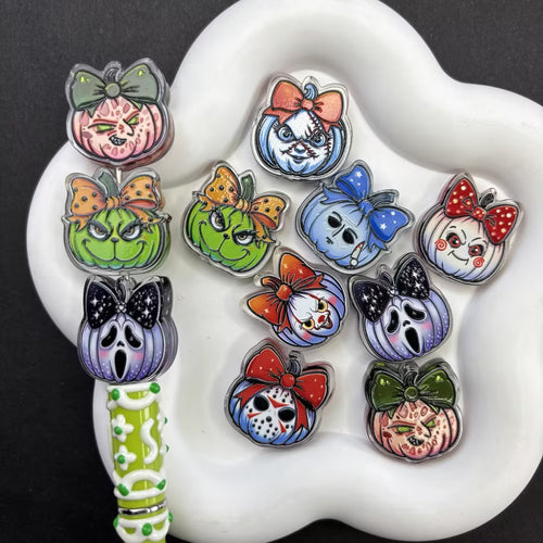Horror Movie Character Bow Pumpkin Focal Beads, Halloween Cute Spooky Acrylic Beads for DIY Beadable Pens & Keychains