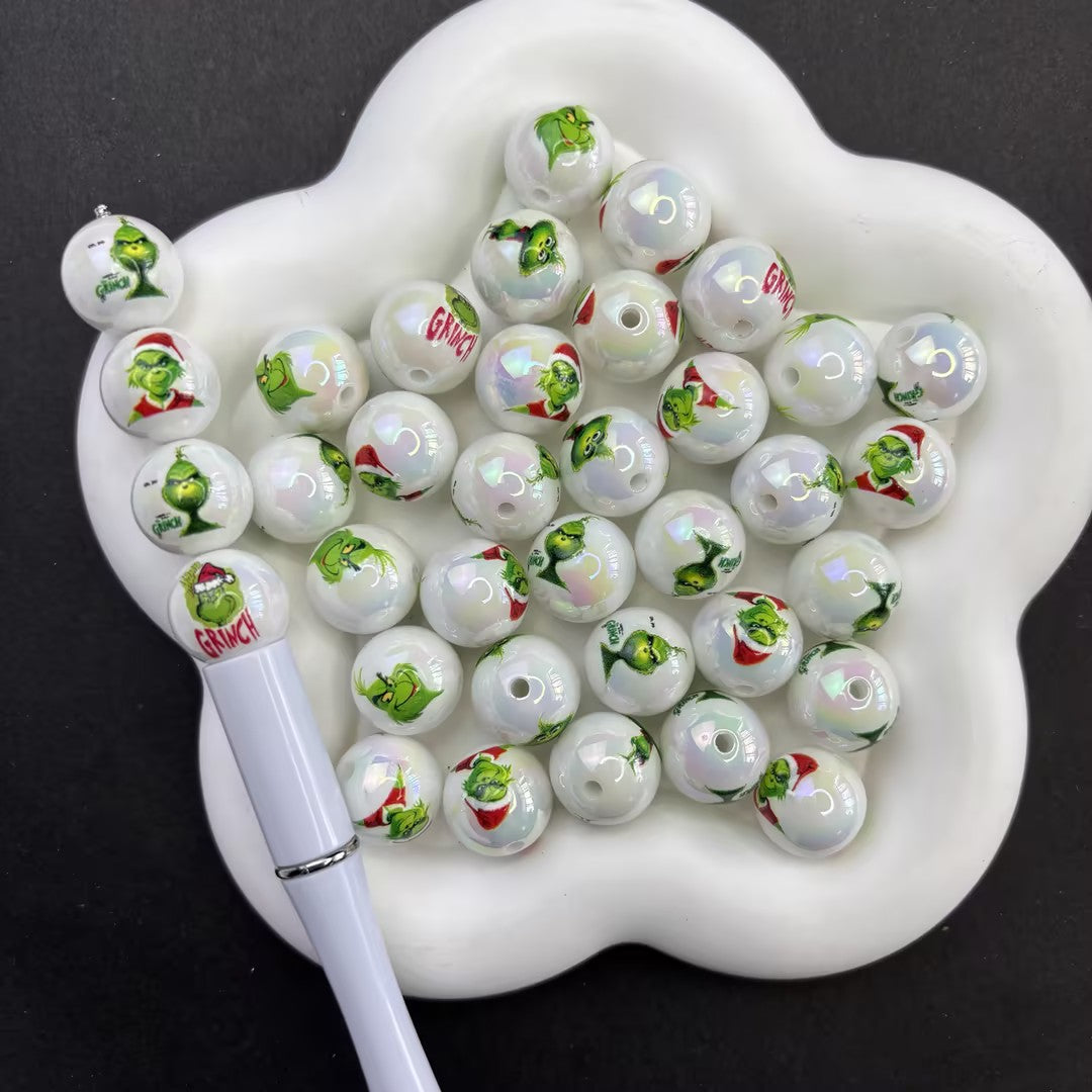 16mm Grinch Inspired Printed Pearl Beads, Festive Christmas Acrylic Beads for DIY Beadable Pens & Keychains