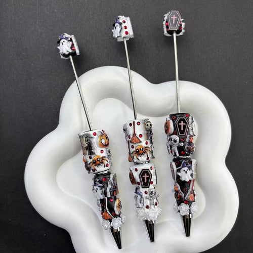 Halloween Gothic Relief Rhinestone Cylinder Beads, Spooky Ghost & Coffin Barrel Beads for DIY Beadable Pens