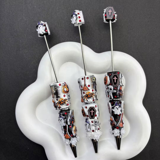 Halloween Gothic Relief Rhinestone Cylinder Beads, Spooky Ghost & Coffin Barrel Beads for DIY Beadable Pens