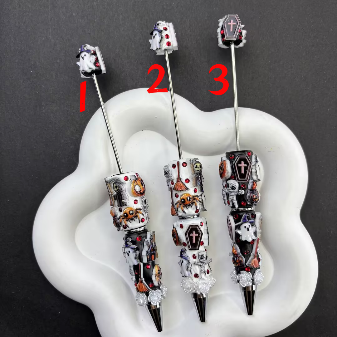 Halloween Gothic Relief Rhinestone Cylinder Beads, Spooky Ghost & Coffin Barrel Beads for DIY Beadable Pens