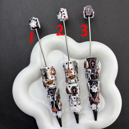Halloween Gothic Relief Rhinestone Cylinder Beads, Spooky Ghost & Coffin Barrel Beads for DIY Beadable Pens