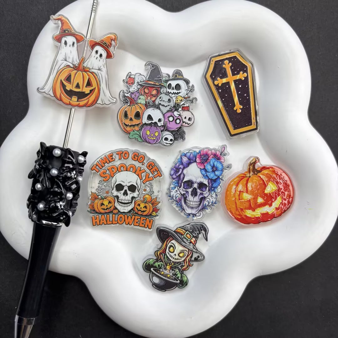 Gothic Halloween Acrylic Focal Beads, Vintage Spooky Skull Pumpkin Witch Coffin Loose Beads with Large Hole for Beadable Pens, Keychains & DIY Crafts