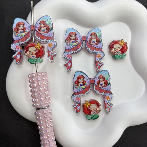 Cute Mermaid Princess & Ribbon Bow Acrylic Focal Beads, Ocean Mermaid Loose Spacer Beads with Large Hole for Beadable Pens, Keychains & DIY Jewelry Making
