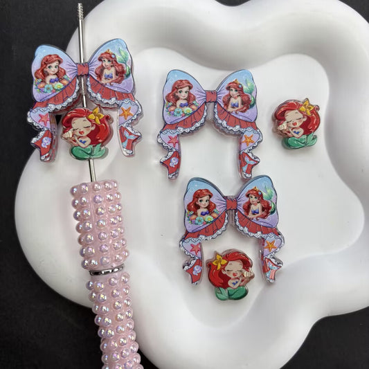 Cute Mermaid Princess & Ribbon Bow Acrylic Focal Beads, Ocean Mermaid Loose Spacer Beads with Large Hole for Beadable Pens, Keychains & DIY Jewelry Making
