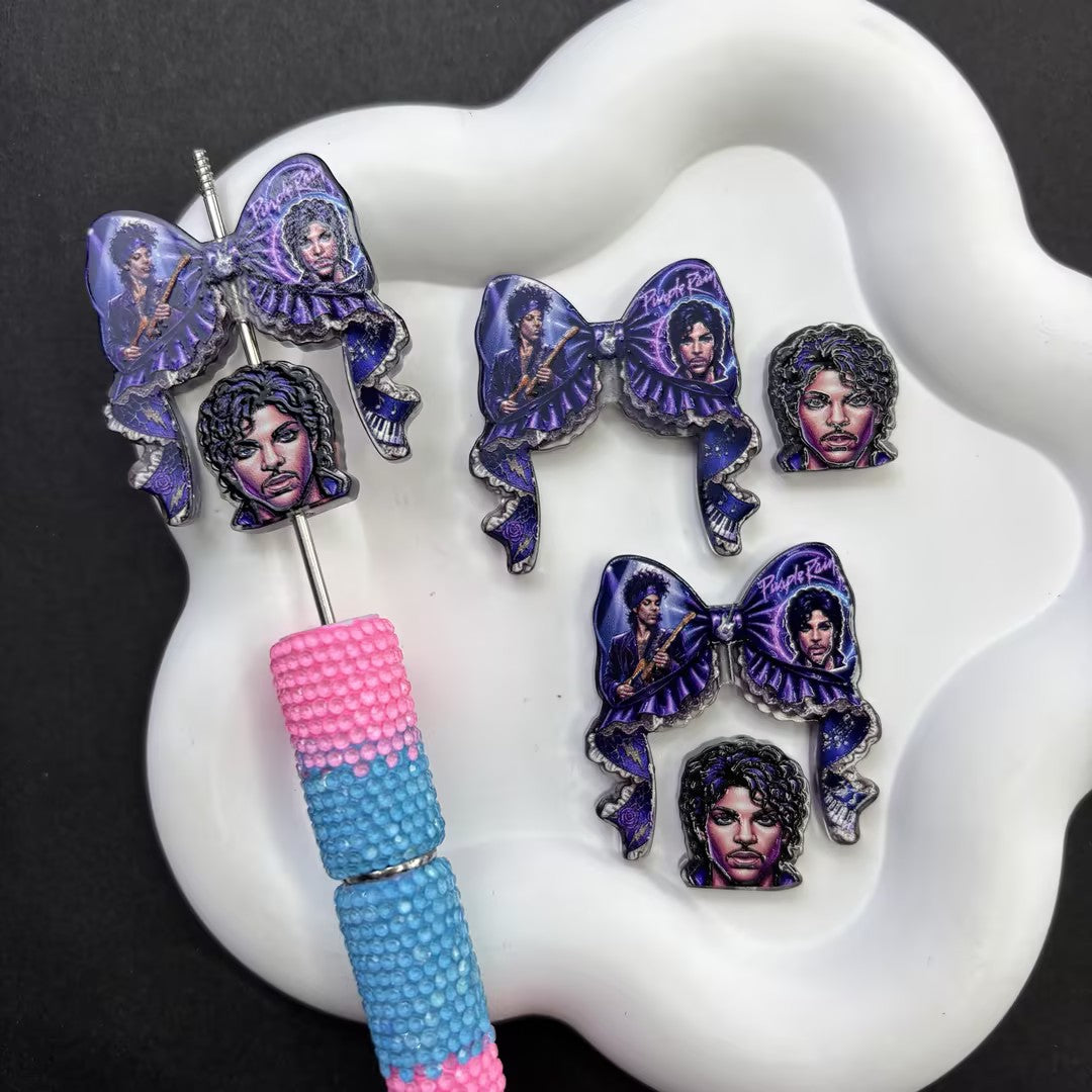 Purple Rain Music Legend Acrylic Focal Beads, Retro Purple Rock Star & Ribbon Bow Loose Spacer Beads with Large Hole for Beadable Pens, Keychains & DIY Crafts