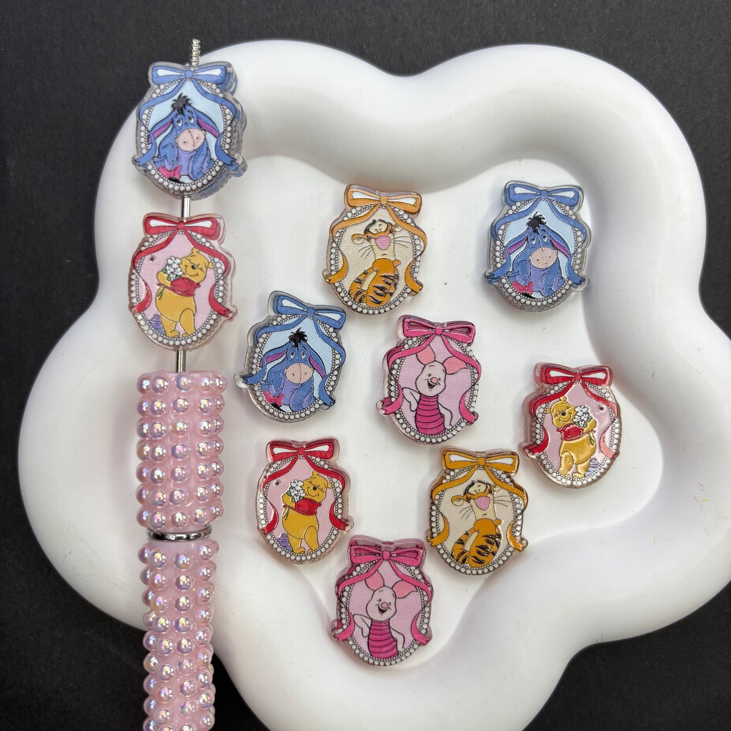 Cute Pooh & Friends Bow Frame Acrylic Focal Beads, Kawaii Bear Piglet Donkey Tiger Loose Spacer Beads with Large Hole for Beadable Pens, Keychains & DIY Jewelry