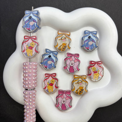 Cute Pooh & Friends Bow Frame Acrylic Focal Beads, Kawaii Bear Piglet Donkey Tiger Loose Spacer Beads with Large Hole for Beadable Pens, Keychains & DIY Jewelry