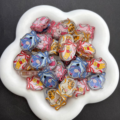 Cute Pooh & Friends Bow Frame Acrylic Focal Beads, Kawaii Bear Piglet Donkey Tiger Loose Spacer Beads with Large Hole for Beadable Pens, Keychains & DIY Jewelry