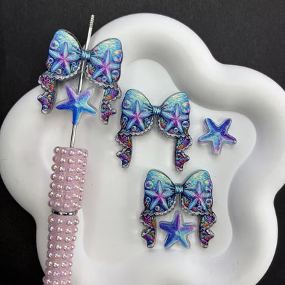 Enchanted Ocean Ribbon Bow & Sea Life Acrylic Focal Beads, Starfish Turtle Shell Seahorse Large Hole Loose Beads for Beadable Pens, Keychains & DIY Jewelry