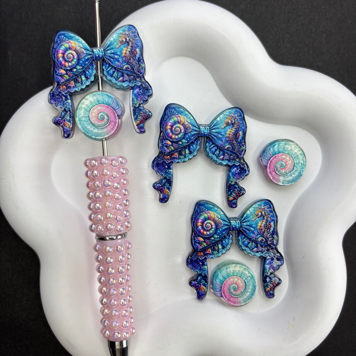 Enchanted Ocean Ribbon Bow & Sea Life Acrylic Focal Beads, Starfish Turtle Shell Seahorse Large Hole Loose Beads for Beadable Pens, Keychains & DIY Jewelry