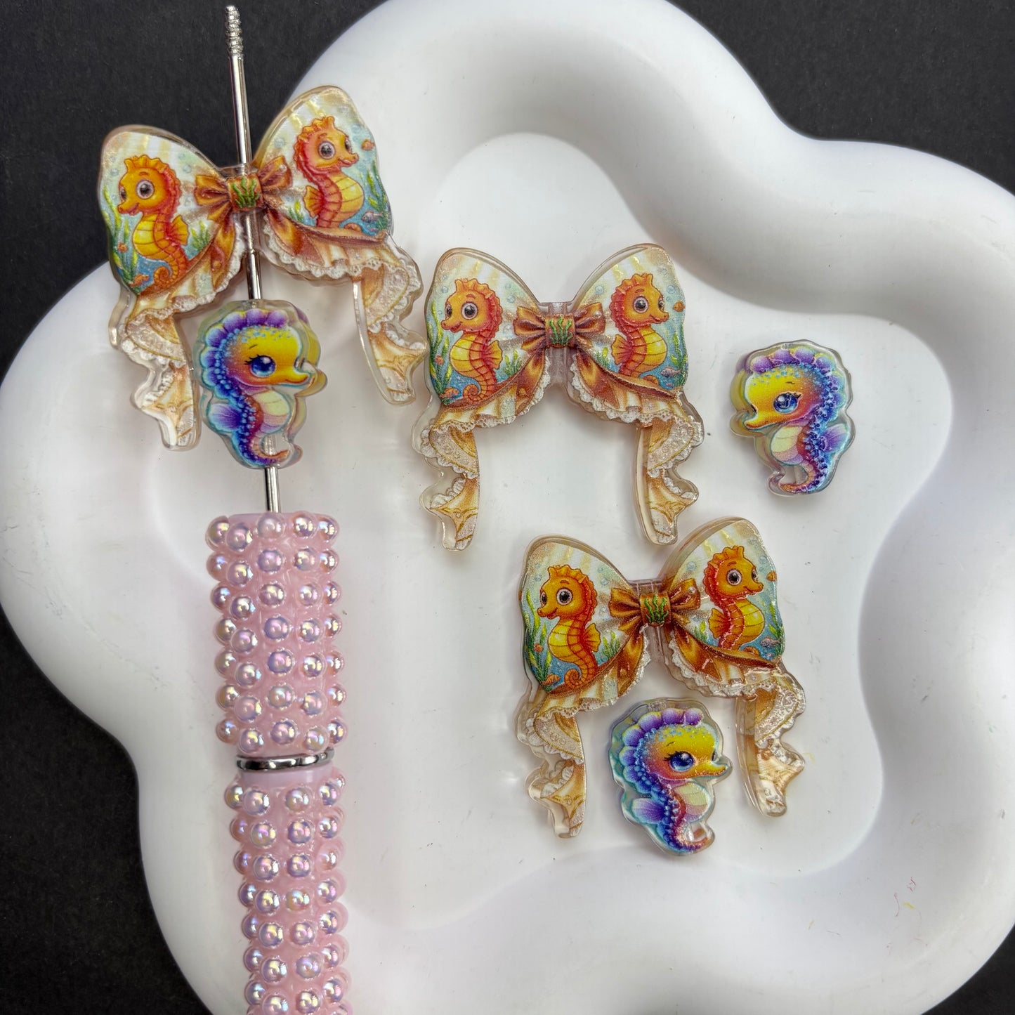 Enchanted Ocean Ribbon Bow & Sea Life Acrylic Focal Beads, Starfish Turtle Shell Seahorse Large Hole Loose Beads for Beadable Pens, Keychains & DIY Jewelry