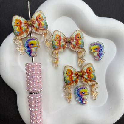Enchanted Ocean Ribbon Bow & Sea Life Acrylic Focal Beads, Starfish Turtle Shell Seahorse Large Hole Loose Beads for Beadable Pens, Keychains & DIY Jewelry