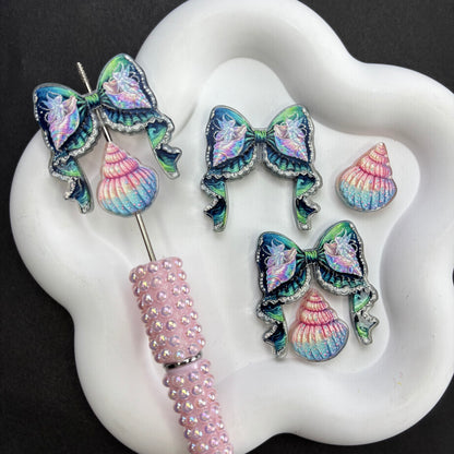 Enchanted Ocean Ribbon Bow & Sea Life Acrylic Focal Beads, Starfish Turtle Shell Seahorse Large Hole Loose Beads for Beadable Pens, Keychains & DIY Jewelry
