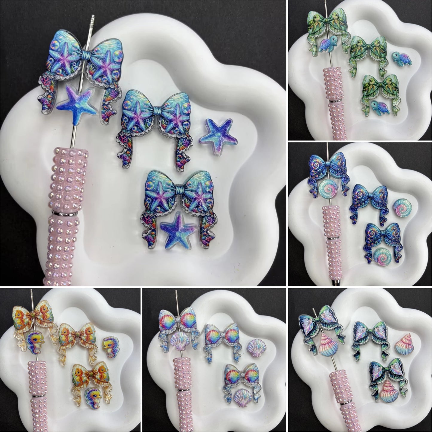 Enchanted Ocean Ribbon Bow & Sea Life Acrylic Focal Beads, Starfish Turtle Shell Seahorse Large Hole Loose Beads for Beadable Pens, Keychains & DIY Jewelry