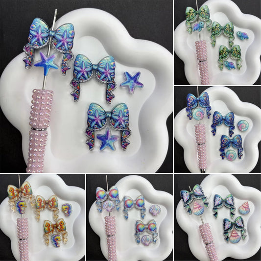 Enchanted Ocean Ribbon Bow & Sea Life Acrylic Focal Beads, Starfish Turtle Shell Seahorse Large Hole Loose Beads for Beadable Pens, Keychains & DIY Jewelry
