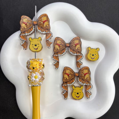 Kawaii Honey Pooh Bear Friends Beadable Pen Beads, Vintage Ribbon Bow & Pooh Piglet Eeyore Tigger Focal Beads Set, Large Hole Acrylic Loose Spacer Beads for DIY Pens