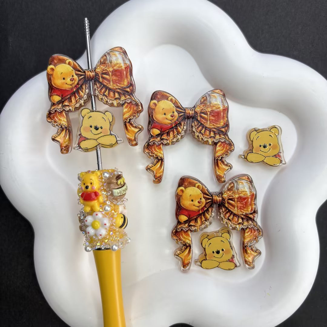 Kawaii Honey Pooh Bear Friends Beadable Pen Beads, Vintage Ribbon Bow & Pooh Piglet Eeyore Tigger Focal Beads Set, Large Hole Acrylic Loose Spacer Beads for DIY Pens