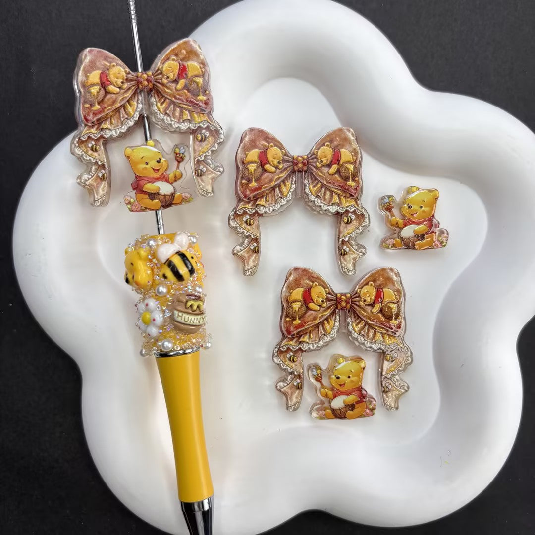 Kawaii Honey Pooh Bear Friends Beadable Pen Beads, Vintage Ribbon Bow & Pooh Piglet Eeyore Tigger Focal Beads Set, Large Hole Acrylic Loose Spacer Beads for DIY Pens