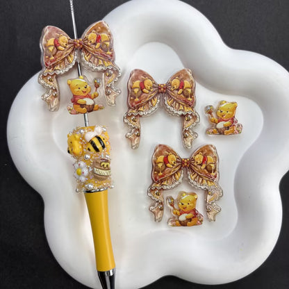 Kawaii Honey Pooh Bear Friends Beadable Pen Beads, Vintage Ribbon Bow & Pooh Piglet Eeyore Tigger Focal Beads Set, Large Hole Acrylic Loose Spacer Beads for DIY Pens