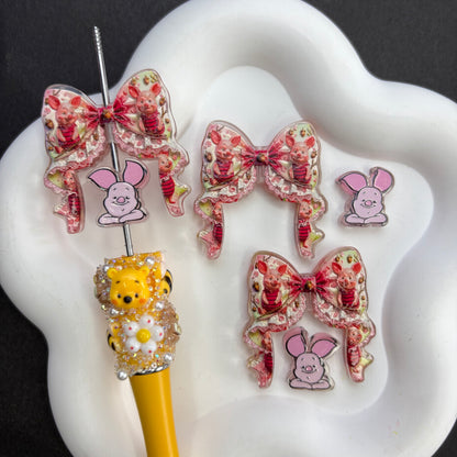 Kawaii Honey Pooh Bear Friends Beadable Pen Beads, Vintage Ribbon Bow & Pooh Piglet Eeyore Tigger Focal Beads Set, Large Hole Acrylic Loose Spacer Beads for DIY Pens