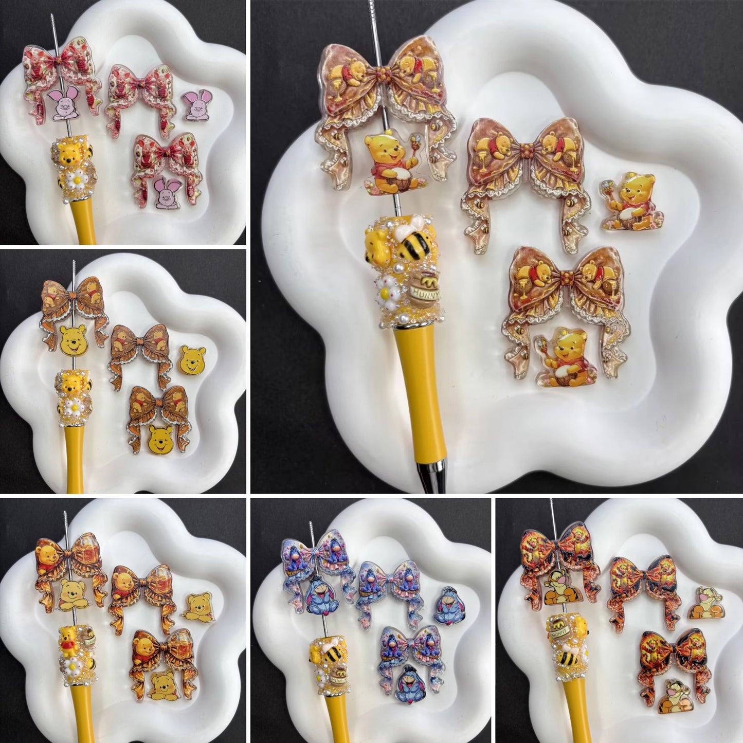 Kawaii Honey Pooh Bear Friends Beadable Pen Beads, Vintage Ribbon Bow & Pooh Piglet Eeyore Tigger Focal Beads Set, Large Hole Acrylic Loose Spacer Beads for DIY Pens