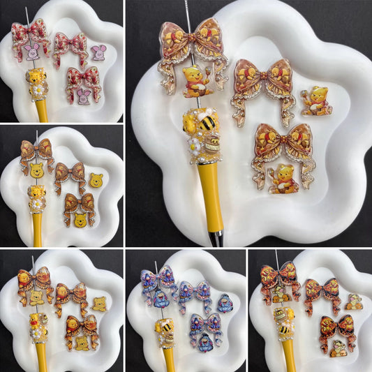 Kawaii Honey Pooh Bear Friends Beadable Pen Beads, Vintage Ribbon Bow & Pooh Piglet Eeyore Tigger Focal Beads Set, Large Hole Acrylic Loose Spacer Beads for DIY Pens