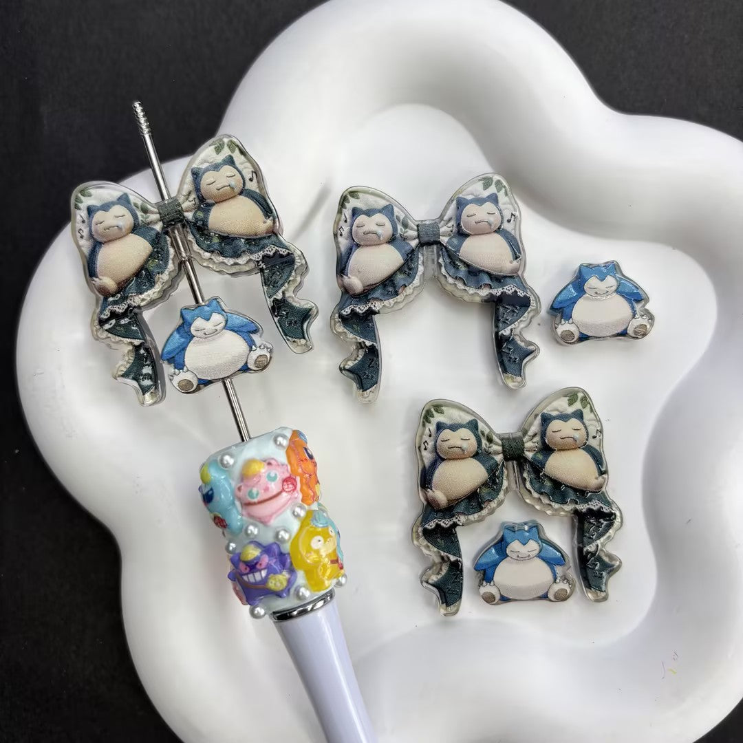 Anime Monster Ribbon Bow & Character Acrylic Focal Beads Set, Kawaii Pikachu Gengar Charizard Large Hole Loose Spacer Beads for Beadable Pens & DIY Crafts