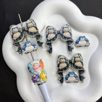 Anime Monster Ribbon Bow & Character Acrylic Focal Beads Set, Kawaii Pikachu Gengar Charizard Large Hole Loose Spacer Beads for Beadable Pens & DIY Crafts