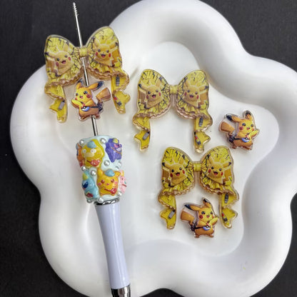 Anime Monster Ribbon Bow & Character Acrylic Focal Beads Set, Kawaii Pikachu Gengar Charizard Large Hole Loose Spacer Beads for Beadable Pens & DIY Crafts