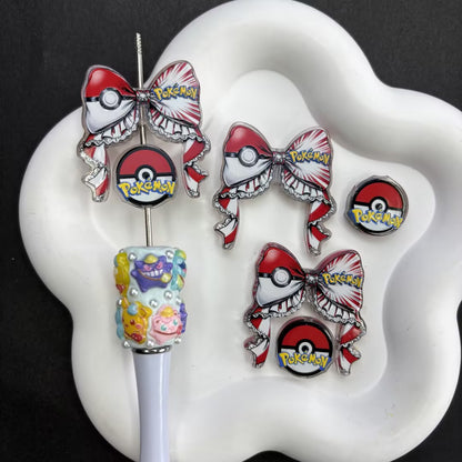 Anime Monster Ribbon Bow & Character Acrylic Focal Beads Set, Kawaii Pikachu Gengar Charizard Large Hole Loose Spacer Beads for Beadable Pens & DIY Crafts