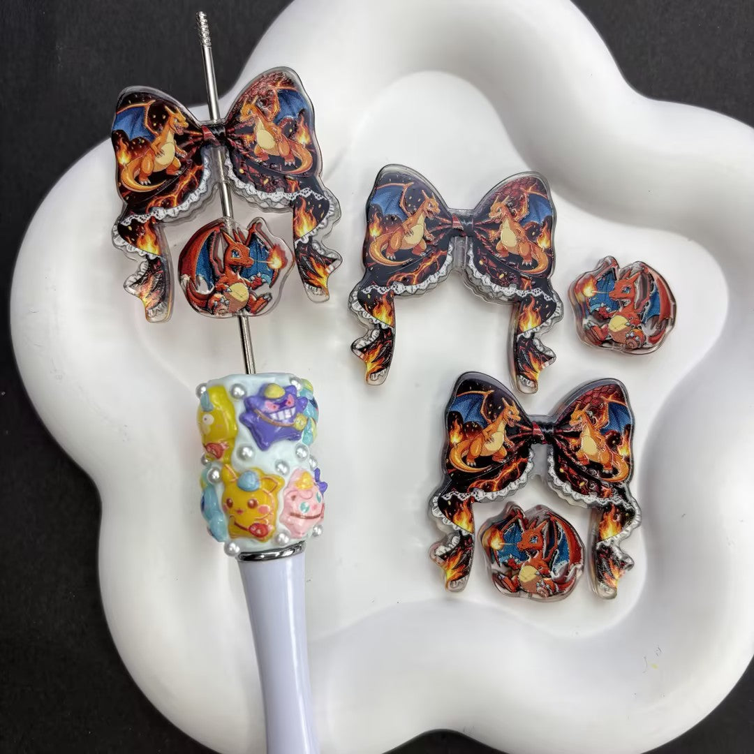 Anime Monster Ribbon Bow & Character Acrylic Focal Beads Set, Kawaii Pikachu Gengar Charizard Large Hole Loose Spacer Beads for Beadable Pens & DIY Crafts