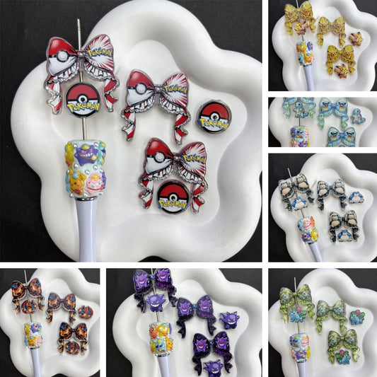 Pokemon Anime Ribbon Bow & Character Acrylic Focal Beads Set, Kawaii Pikachu Gengar Charizard Large Hole Loose Spacer Beads for Beadable Pens & DIY Crafts