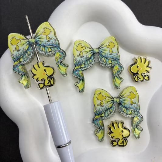 Cute Yellow Little Bird Ribbon Bow & Character Acrylic Focal Beads Set, Kawaii Woodstock Loose Spacer Beads with Large Hole for Beadable Pens, Keychains & DIY Crafts
