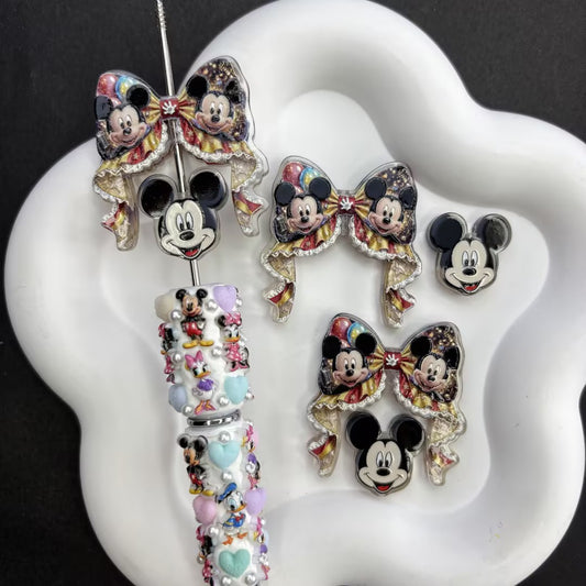 Cute Cartoon Mouse Couple Ribbon Bow & Character Acrylic Focal Beads Set, Kawaii Mickey Minnie Loose Spacer Beads with Large Hole for Beadable Pens, Keychains & DIY Crafts