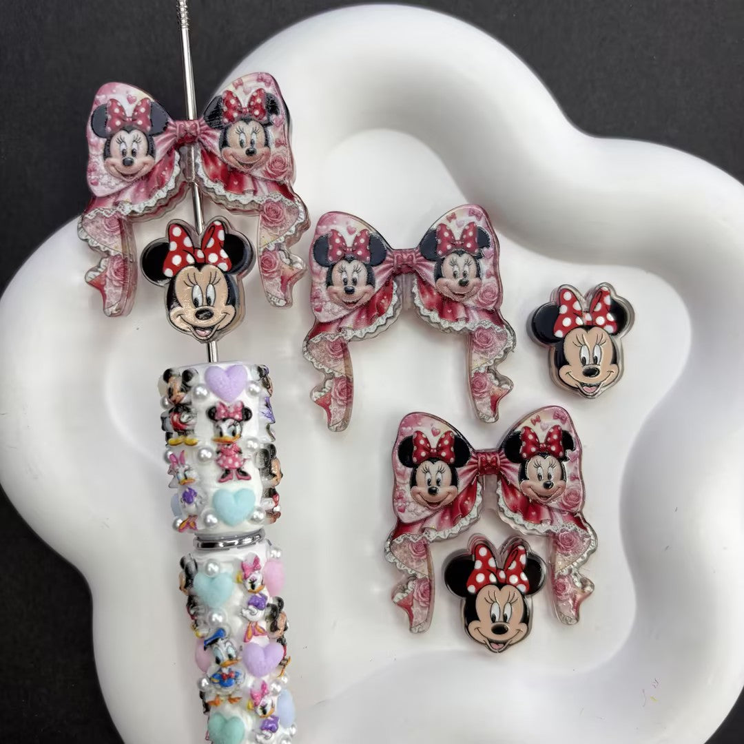 Cute Cartoon Mouse Couple Ribbon Bow & Character Acrylic Focal Beads Set, Kawaii Mickey Minnie Loose Spacer Beads with Large Hole for Beadable Pens, Keychains & DIY Crafts