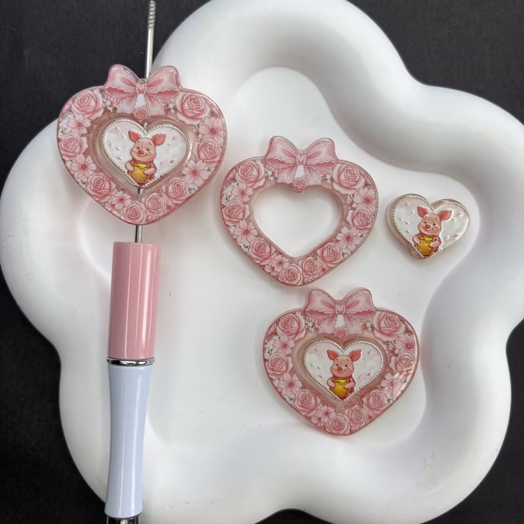 Cute Pooh & Friends Floral Heart Frame Acrylic Focal Beads Set, Kawaii Bear Piglet Eeyore Tigger Loose Spacer Beads with Large Hole for Beadable Pens, Keychains & DIY Crafts