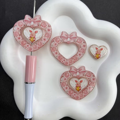 Cute Pooh & Friends Floral Heart Frame Acrylic Focal Beads Set, Kawaii Bear Piglet Eeyore Tigger Loose Spacer Beads with Large Hole for Beadable Pens, Keychains & DIY Crafts