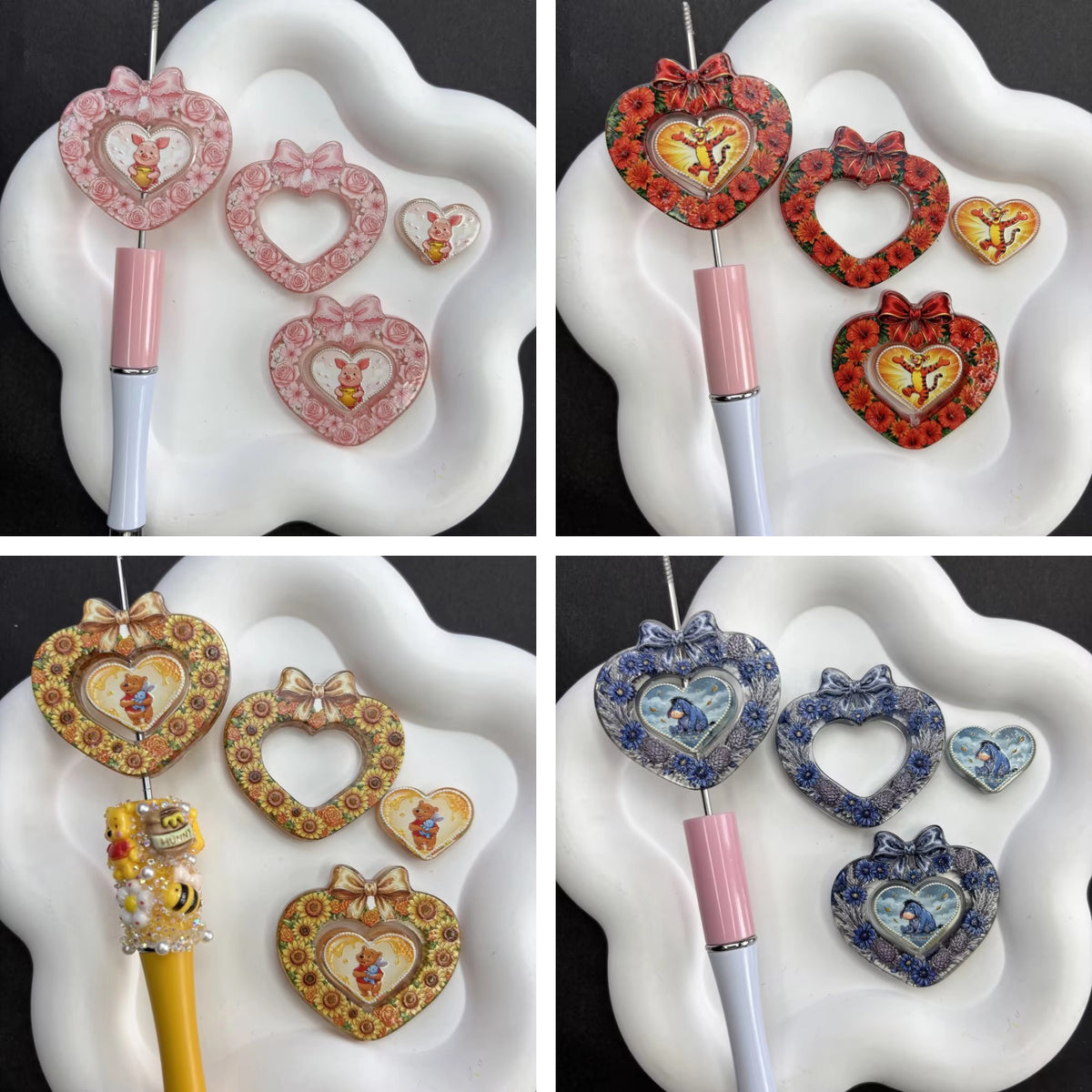 Cute Pooh & Friends Floral Heart Frame Acrylic Focal Beads Set, Kawaii Bear Piglet Eeyore Tigger Loose Spacer Beads with Large Hole for Beadable Pens, Keychains & DIY Crafts