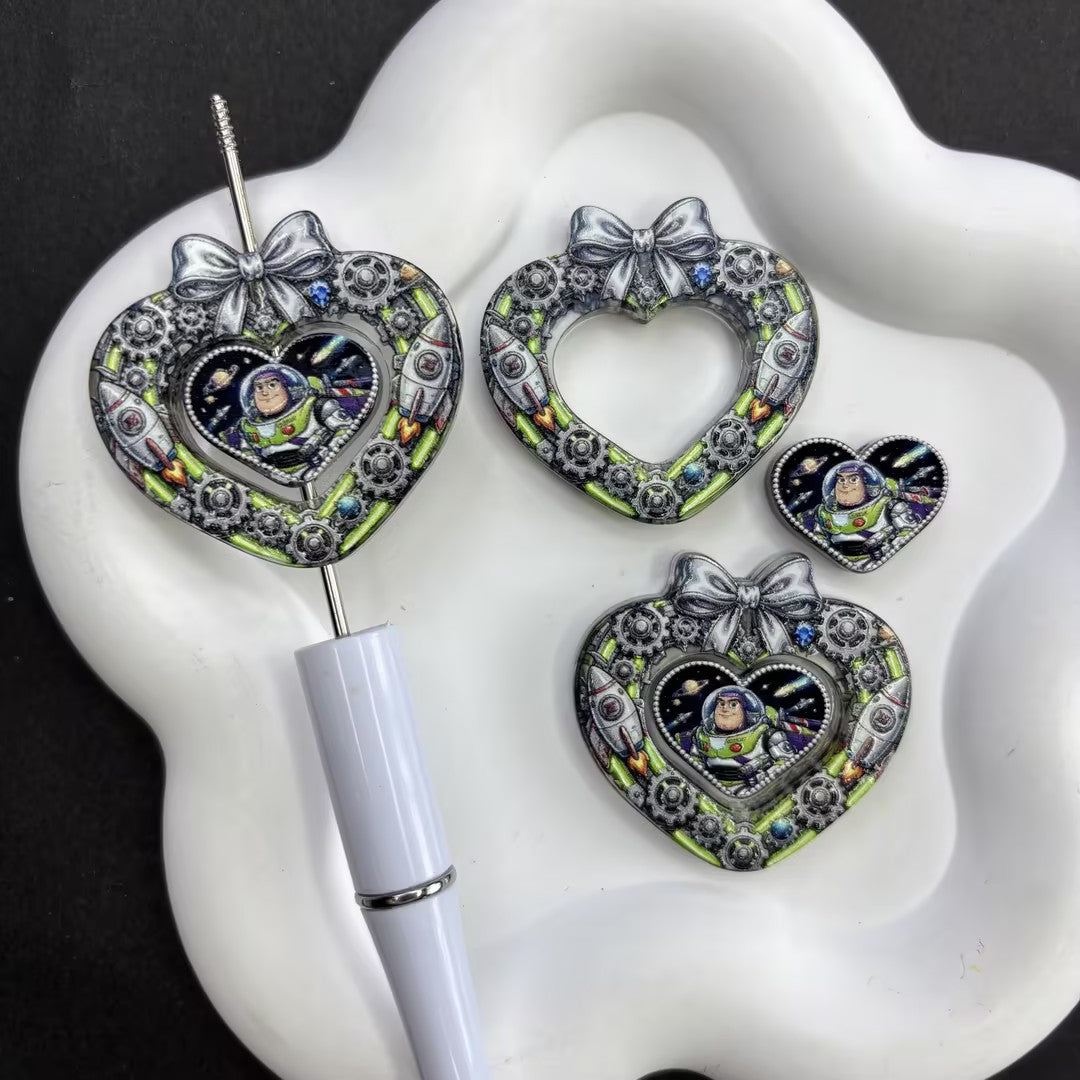 Toy Story Inspired Heart Bow Acrylic Focal Bead Set, Cartoon Character Frame Beads for DIY Pens