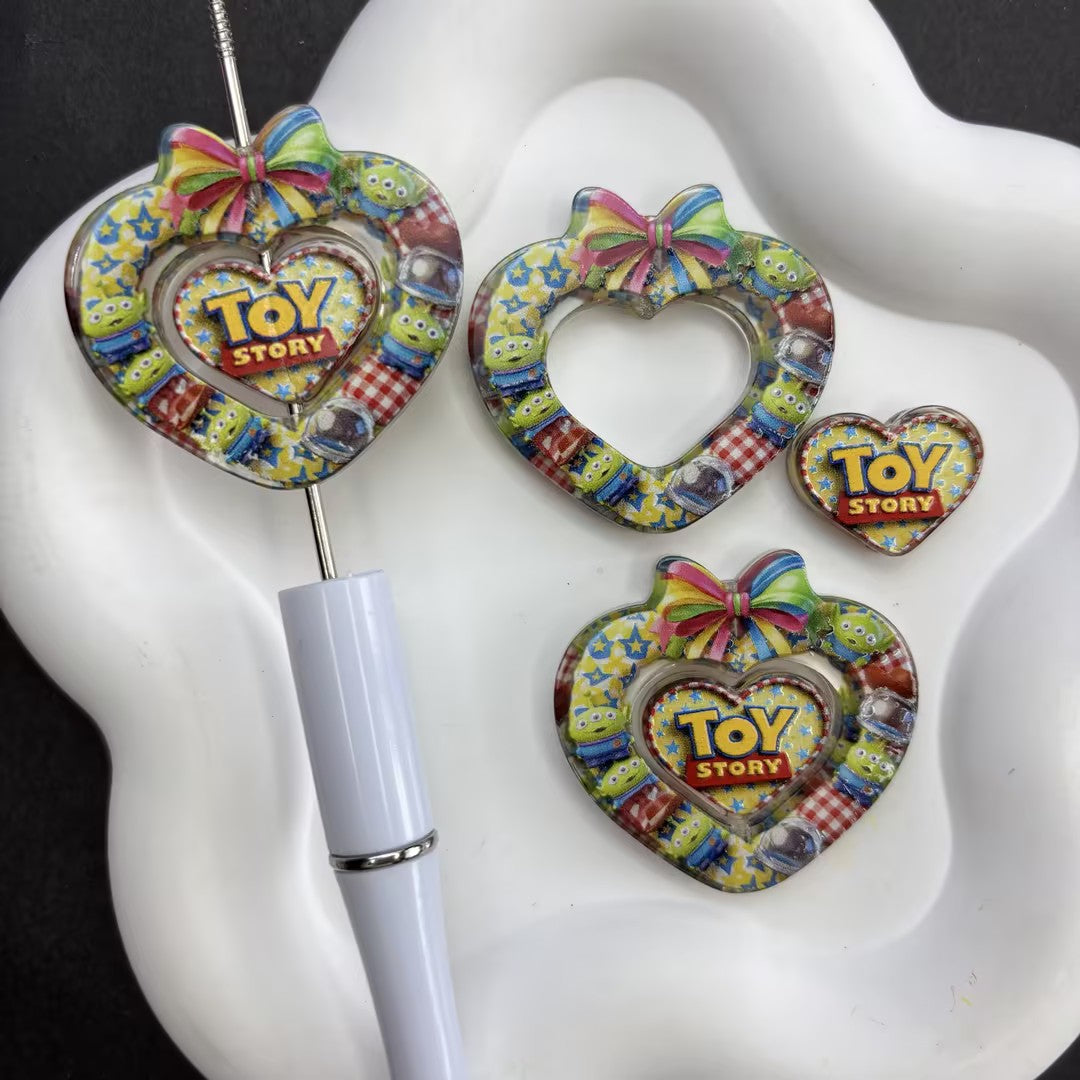 Toy Story Inspired Heart Bow Acrylic Focal Bead Set, Cartoon Character Frame Beads for DIY Pens