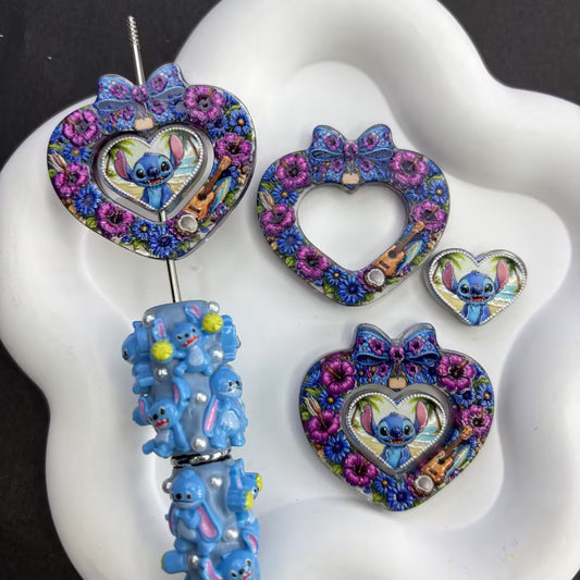 Hawaiian Stitch Heart Focal Bead Set | Tropical Floral Frame & Heart Insert for Beadable Pens & Keychains