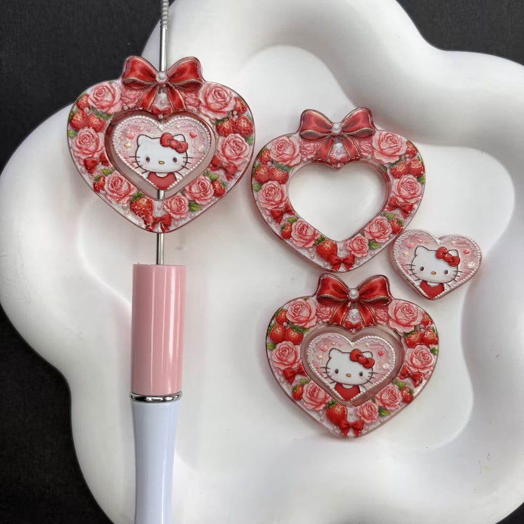 Hello Kitty Strawberry Rose Heart Focal Bead Set | Floral Frame & Heart Insert for Beadable Pens & Keychains