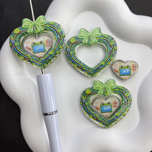Cute Frog Heart Focal Bead Set | Vine Floral Frame & "Hi!" Frog Insert for Beadable Pens & Keychains
