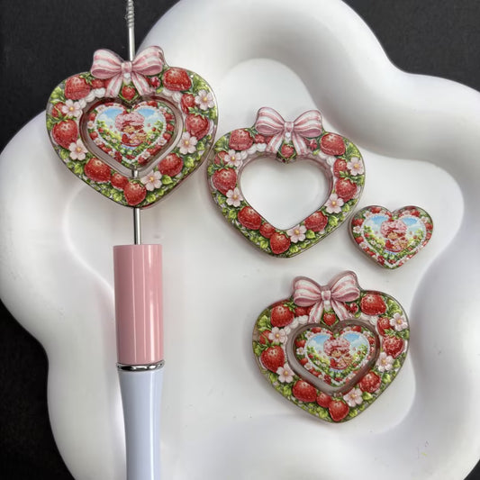 Vintage Strawberry Shortcake Heart Focal Bead Set | Strawberry Floral Frame & Character Insert for Beadable Pens & Keychains