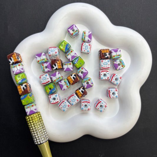 11MM*11MM Toy Story Inspired Cube Beads - Toy Space & Cowboy Printed Acrylic Square Beads for Beadable Pens, Keychains & DIY Jewelry Supplies