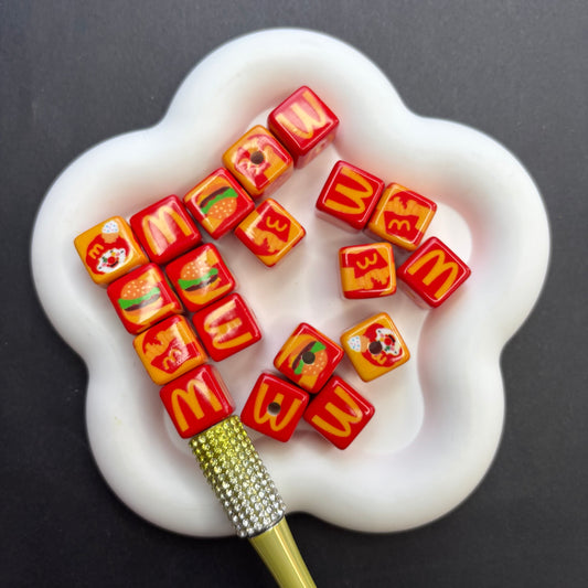 Fast Food Theme Printed Acrylic Cube Beads, 15mm Square Focal Beads for Beadable Pens & Keychain DIY Crafting