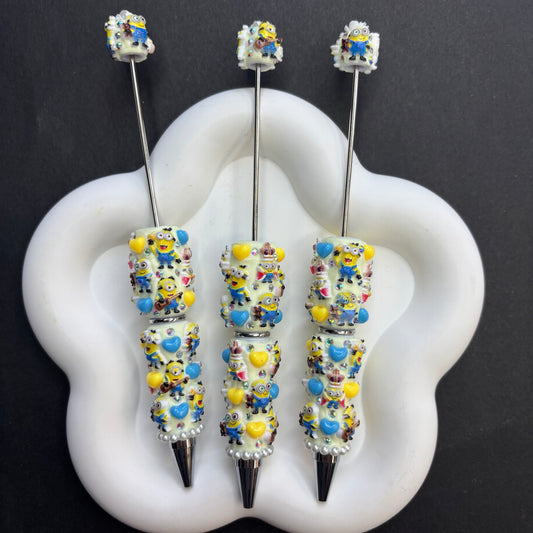 Handmade Cute Minion Decoden Bead Pen - Bling Rhinestone & Heart Accent Ballpoint Pen with Matching Topper