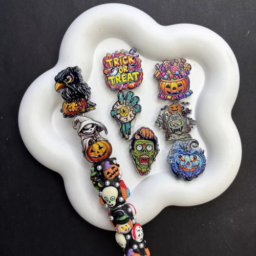 Spooky Halloween Focal Beads Set for Beadable Pens & Keychains – Pumpkin, Zombie, Raven & Trick or Treat DIY Craft Charms