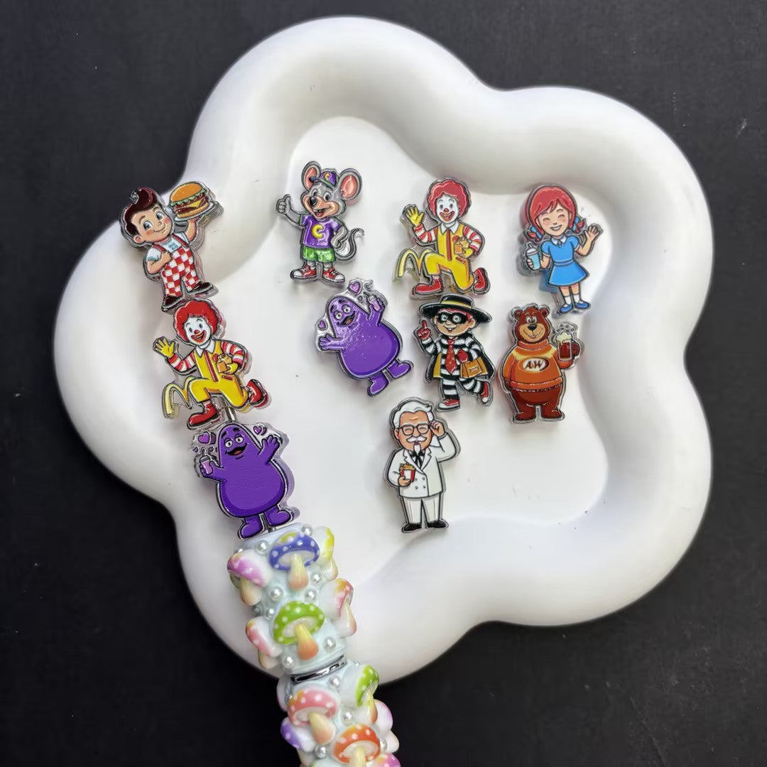 Retro Fast Food Mascot Focal Beads Set for DIY Beadable Pens & Keychains – Classic Ronald, Grimace, Colonel Sanders & Wendy Charms